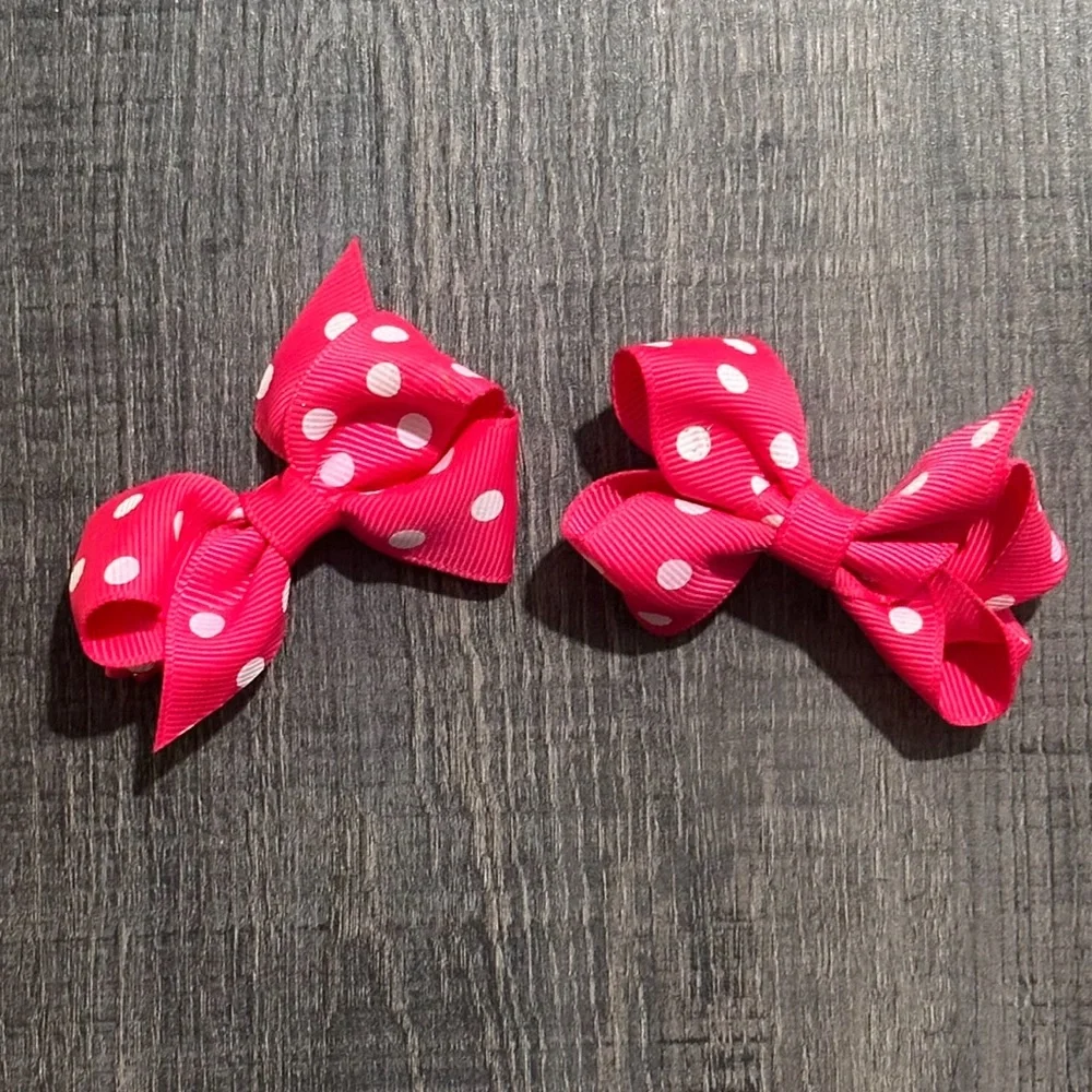 💞 Set of 2 Pink Hair Bows with White Polka Dots and Attached Bobby Pins